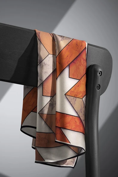 %100 Twill İpek Mermer Desenli Taba - Bej Renkli 90x90 Eşarp Dikim Şekli : El Dikişi - Resim 6