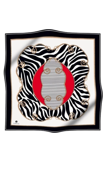 %100 Twill İpek Zincirli Ve Zebra Desenli Siyah - Kırmızı Renkli 90x90 Eşarp Dikim Şekli : El Dikişi ürün görseli 1