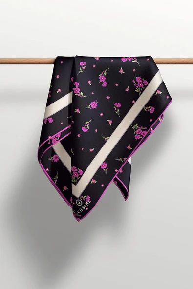 100% Twill İpek Bordürlü Çıtır Çiçek Desenli Siyah - Fuşya Renkli 90x90 Dikim Şekli : El Dikişi Eşarp - Resim 5