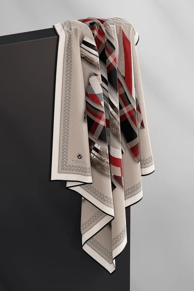 %100 Twill İpek Ekose Desenli Bej - Kırmızı Renkli 90x90 Eşarp Dikim Şekli : El Dikişi - Resim 4