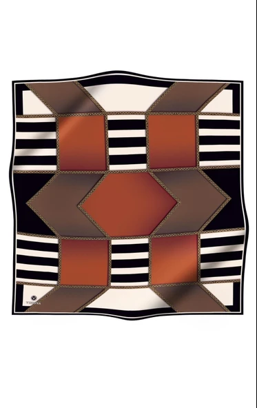 %100 Twill İpek Geometrik Desenli Taba - Vizon Renkli 90x90 Eşarp Dikim Şekli : El Dikişi ürün görseli 1