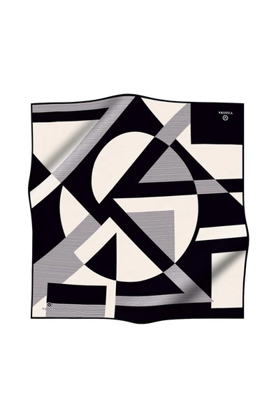 %100 Twill İpek Geometrik Çizgi Desenli Siyah - Krem Renkli 90x90 Eşarp Kenar Dikiş Şekli El Dikişli - Resim 2