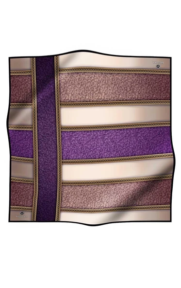 %100 Twill İpek Dokulu Ve Şerit Desenli Mor - Somon Renkli 90x90 Eşarp Dikim Şekli : El Dikişi - Resim 2