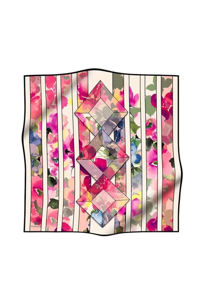 %100 Twill İpek Bahar Çiçekleri Desenli Mürdüm - Bebe Mavisi Renkli 90x90 Eşarp Kenar Dikiş Şekli El Dikişli - Resim 2