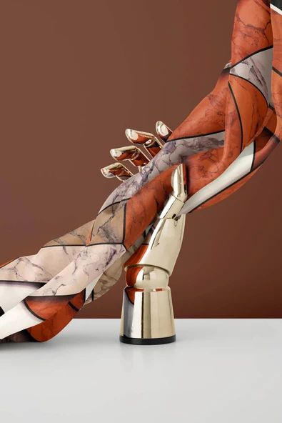 %100 Twill İpek Mermer Desenli Taba - Bej Renkli 90x90 Eşarp Dikim Şekli : El Dikişi - Resim 4