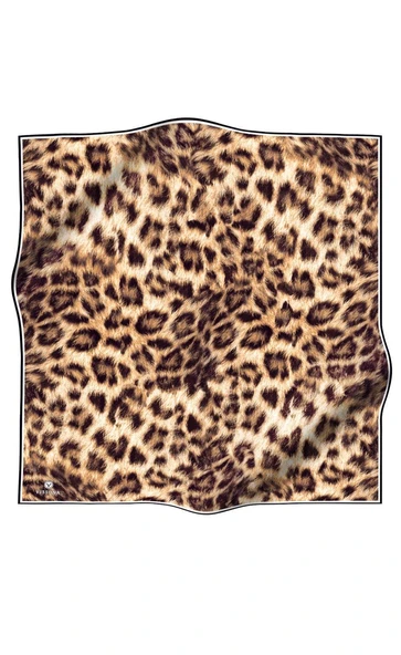 %100 Twill İpek Leopar Desenli Hardal - Siyah  Renkli 90x90 Eşarp Dikim Şekli : El Dikişi - Resim 2