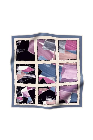 %100 Twill İpek Geometrik Desenli Bebe Mavisi - Pembe Renkli 90x90 Eşarp Dikim Şekli : El Dikişi - Resim 2