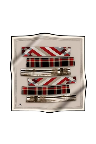%100 Twill İpek Ekose Desenli Bej - Kırmızı Renkli 90x90 Eşarp Dikim Şekli : El Dikişi - Resim 2