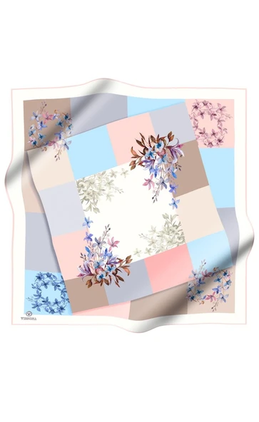 %100 Twill İpek Kareli Ve Çıtır Çiçek Desenli Pudra - Bebe Mavisi Renkli 90x90 Eşarp Dikim Şekli : El Dikişi ürün görseli 1