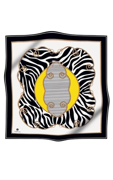 %100 Twill İpek Zincirli Ve Zebra Desenli Siyah - Limon Sarısı Renkli 90x90 Eşarp Dikim Şekli : El Dikişi - Resim 8
