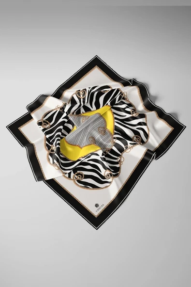 %100 Twill İpek Zincirli Ve Zebra Desenli Siyah - Limon Sarısı Renkli 90x90 Eşarp Dikim Şekli : El Dikişi - Resim 12