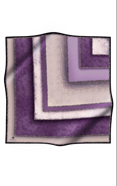 % 57 İPEK % 43 VİSKON Twill İpek Dokulu Geometrik Desenli Lila - Bej Renkli 90x90 Eşarp Dikim Şekli : El Dikişi - Resim 2