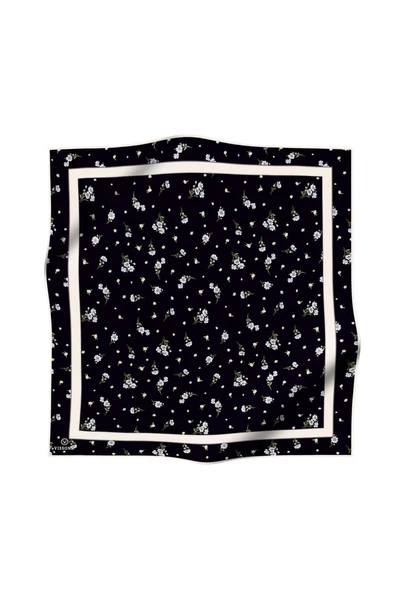 % 57 İPEK % 43 VİSKON Twill İpek Çıtır Çiçek Desenli Siyah - Gri Renkli 90x90 Eşarp Dikim Şekli : El Dikişi - Resim 2