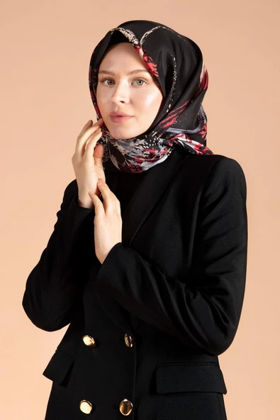 %100 Twill İpek Suluboya Çiçek Desenli Siyah - Bordo Renkli 90x90 Eşarp Dikim Şekli : El Dikişi - Resim 3