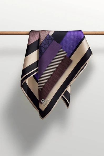 %100 Twill İpek Geometrik Desenli Mor - Siyah Renkli 90x90 Eşarp Dikim Şekli : El Dikişi - Resim 5