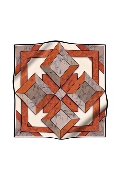 %100 Twill İpek Mermer Desenli Taba - Bej Renkli 90x90 Eşarp Dikim Şekli : El Dikişi - Resim 2
