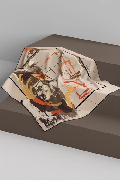 %57 İPEK %43 VİSKON Twill İpek Geometrik Desenli Bej - Taba Renkli 90x90 Eşarp Dikim Şekli : El Dikişi - Resim 4