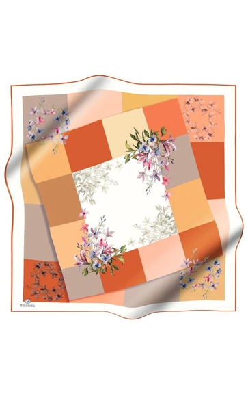 %100 Twill İpek Kareli Ve Çıtır Çiçek Desenli Taba - Gold Renkli 90x90 Eşarp Dikim Şekli : El Dikişi ürün görseli 1