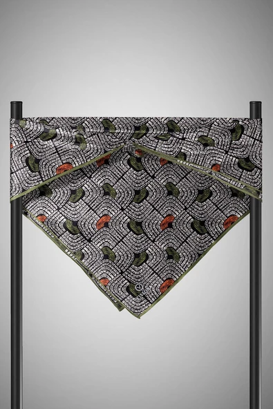 %100 Twill İpek Geometrik Desenli Taba - Haki Renkli 90x90 Eşarp Dikim Şekli : El Dikişi - Resim 6