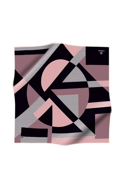 %100 Twill İpek Geometrik Çizgi Desenli Siyah - Pudra Renkli 90x90 Eşarp Kenar Dikiş Şekli El Dikişli - Resim 2