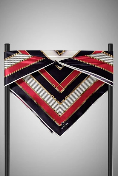 %100 Twill İpek Zincir Detaylı Geometrik Desenli Bordo - Siyah Renkli 90x90 Eşarp Dikim Şekli : El Dikişi - Resim 6