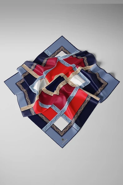 %100 Twill İpek Geometrik Desenli Lacivert - Kırmızı Renkli 90x90 Eşarp Dikim Şekli : El Dikişi - Resim 3