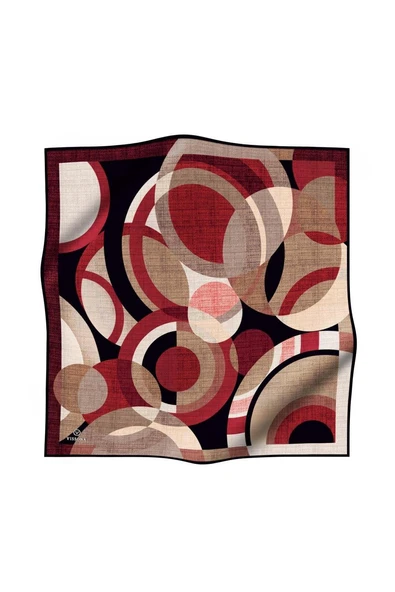 %100 Twill İpek Daire Desenli Bordo Renkli 90x90 Eşarp Eşarp Kenar Dikiş Şekli El Dikişli - Resim 2