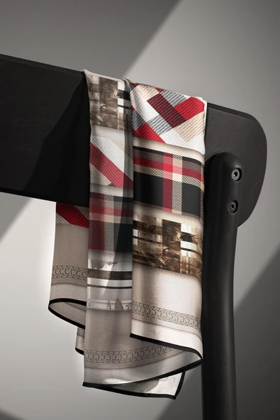 %100 Twill İpek Ekose Desenli Bej - Kırmızı Renkli 90x90 Eşarp Dikim Şekli : El Dikişi - Resim 5