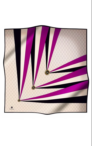 %100 Twill İpek Monogram Ve Geometrik Desenli Krem - Mürdüm Renkli 90x90 Eşarp Dikim Şekli : El Dikişi ürün görseli 1