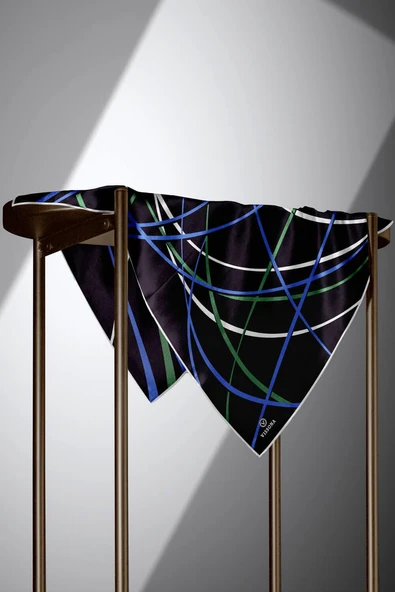 %100 Twill İpek Çizgili Desenli Saks - Zümrüt Yeşili Renkli 90x90 Eşarp Dikim Şekli : El Dikişi - Resim 4