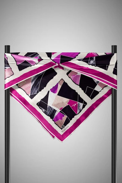 %100 Twill İpek Geometrik Desenli Mürdüm - Somon Renkli 90x90 Eşarp Dikim Şekli : El Dikişi - Resim 6