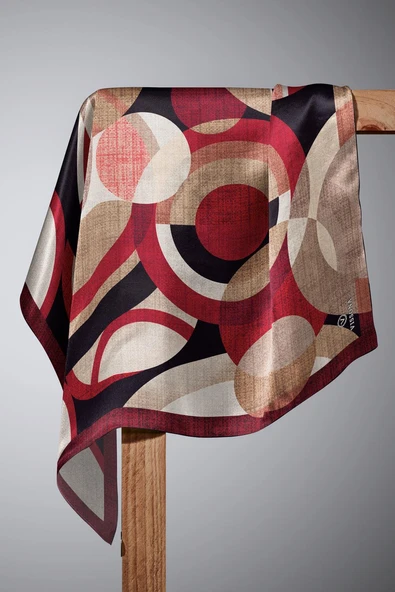 %100 Twill İpek Daire Desenli Bordo Renkli 90x90 Eşarp Eşarp Kenar Dikiş Şekli El Dikişli - Resim 4