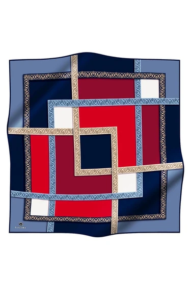 %100 Twill İpek Geometrik Desenli Lacivert - Kırmızı Renkli 90x90 Eşarp Dikim Şekli : El Dikişi - Resim 2