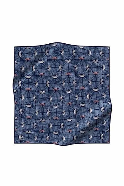 %100 Twill İpek Geometrik Desenli İndigo - Siyah Renkli 90x90 Eşarp Dikim Şekli : El Dikişi - Resim 2