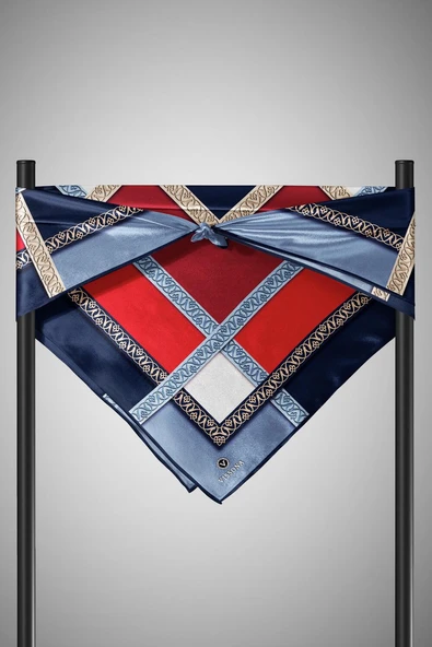 %100 Twill İpek Geometrik Desenli Lacivert - Kırmızı Renkli 90x90 Eşarp Dikim Şekli : El Dikişi - Resim 6