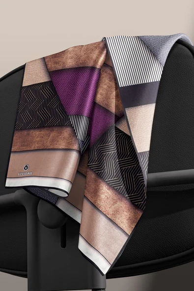 %100 Twill İpek Dokulu ve Geometrik Desenli Mürdüm - Vizon Renkli 90x90 Eşarp Dikim Şekli : El Dikişi - Resim 5