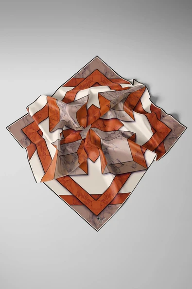 %100 Twill İpek Mermer Desenli Taba - Bej Renkli 90x90 Eşarp Dikim Şekli : El Dikişi - Resim 3