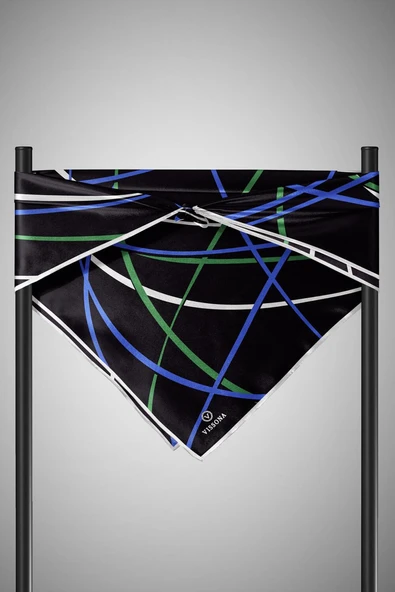 %100 Twill İpek Çizgili Desenli Saks - Zümrüt Yeşili Renkli 90x90 Eşarp Dikim Şekli : El Dikişi - Resim 3