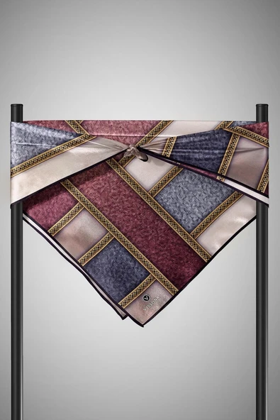 %100 Twill İpek Dokulu Ve Şerit Desenli Gri - Pudra Renkli 90x90 Eşarp Dikim Şekli : El Dikişi - Resim 5