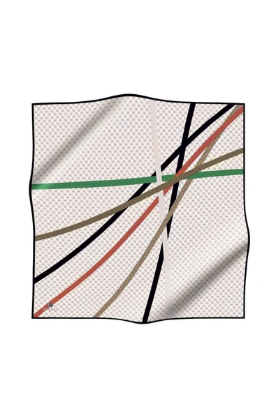 %100 Twill İpek Monogram Ve Şerit Desenli Taba - Siyah Renkli 90x90 Eşarp Dikim Şekli : El Dikişi - Resim 2