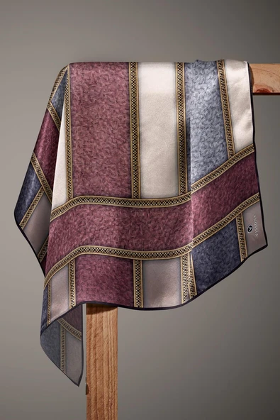 %100 Twill İpek Dokulu Ve Şerit Desenli Gri - Pudra Renkli 90x90 Eşarp Dikim Şekli : El Dikişi - Resim 4