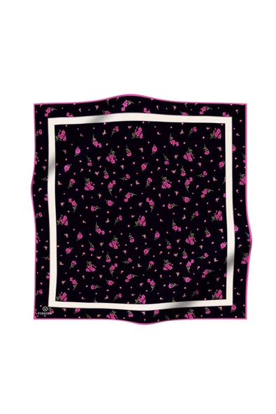 100% Twill İpek Bordürlü Çıtır Çiçek Desenli Siyah - Fuşya Renkli 90x90 Dikim Şekli : El Dikişi Eşarp - Resim 2