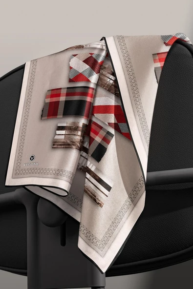 %100 Twill İpek Ekose Desenli Bej - Kırmızı Renkli 90x90 Eşarp Dikim Şekli : El Dikişi - Resim 3