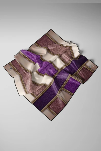 %100 Twill İpek Dokulu Ve Şerit Desenli Mor - Somon Renkli 90x90 Eşarp Dikim Şekli : El Dikişi - Resim 3