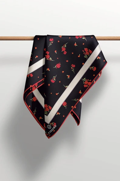 100% Twill İpek Bordürlü Çıtır Çiçek Desenli Siyah - Kırmızı Renkli 90x90 Dikim Şekli : El Dikişi Eşarp - Resim 5