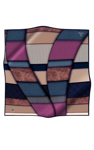 %100 Twill İpek Dokulu ve Geometrik Desenli Lacivert - Mürdüm Renkli 90x90 Eşarp Dikim Şekli : El Dikişi - Resim 2