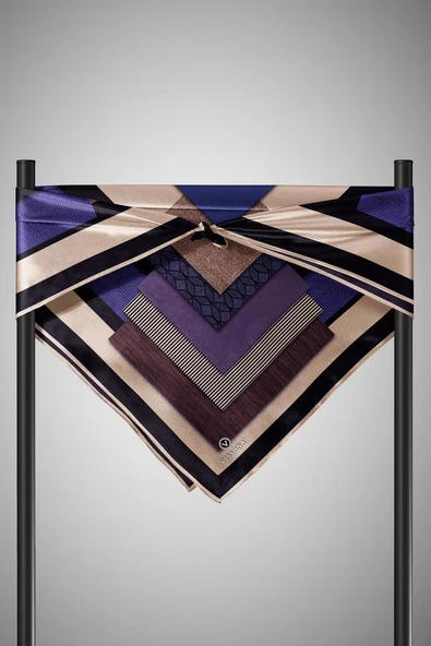 %100 Twill İpek Geometrik Desenli Mor - Siyah Renkli 90x90 Eşarp Dikim Şekli : El Dikişi - Resim 4