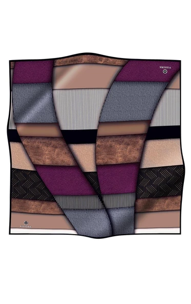 %100 Twill İpek Dokulu ve Geometrik Desenli Mürdüm - Vizon Renkli 90x90 Eşarp Dikim Şekli : El Dikişi - Resim 2