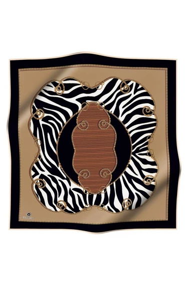 %100 Twill İpek Zincirli Ve Zebra Desenli Bej - Siyah Renkli 90x90 Eşarp Dikim Şekli : El Dikişi - Resim 2