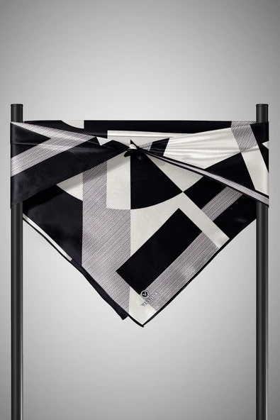 %100 Twill İpek Geometrik Çizgi Desenli Siyah - Krem Renkli 90x90 Eşarp Kenar Dikiş Şekli El Dikişli - Resim 6